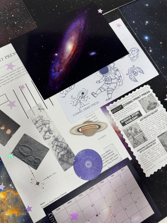 A flat lay of space-themed printed materials and stickers on a dark starry background, including a galaxy print, astronaut drawing sheet, newspaper-style cosmic print, moon texture print, purple planet sticker, and a calendar page. Photos are taken by Noor and Astrophysicist who uses her telescope to capture the images featured in her astronomy space themed mail club