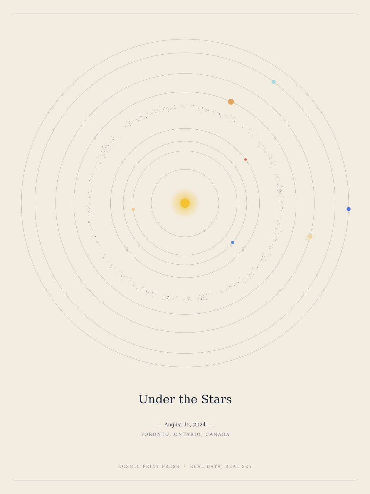 Personalized solar system print in cream showing planet positions on a chosen date