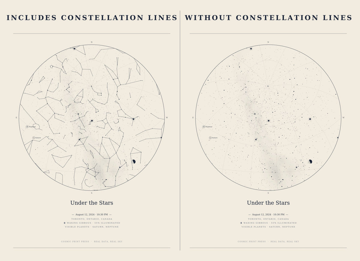 Custom star map print in cream, starry night design shown with and without constellation lines
