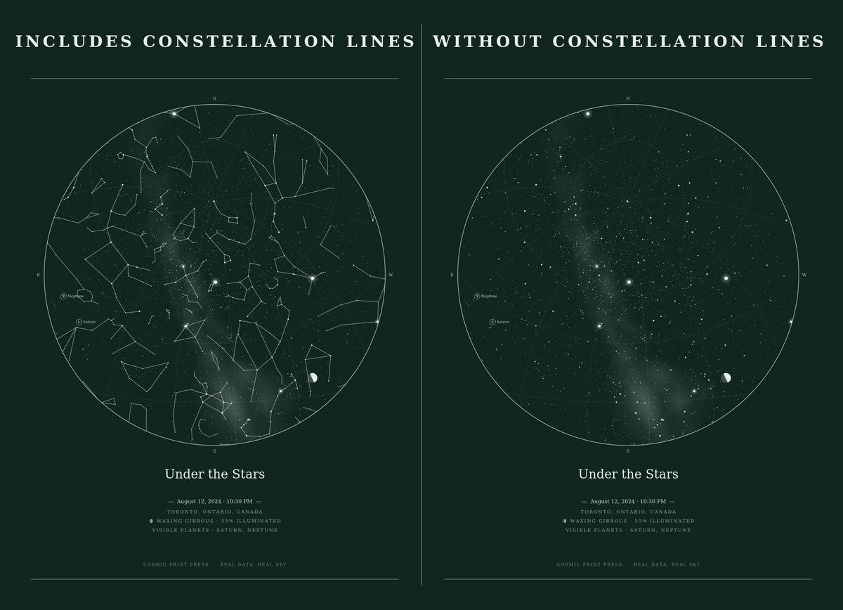 Custom star map print in forest green, starry night design shown with and without constellation lines