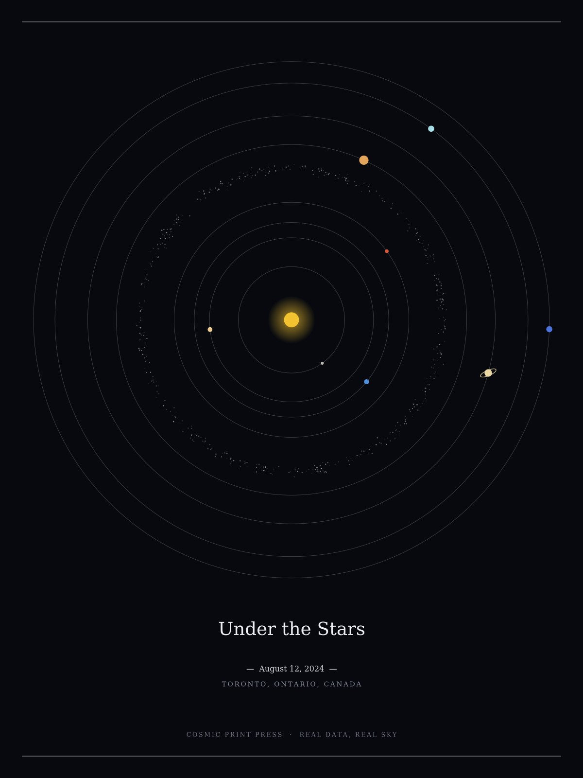 Personalized solar system print in midnight black showing planet positions on a chosen date