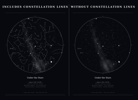 Custom star map print in midnight black, starry night design shown with and without constellation lines