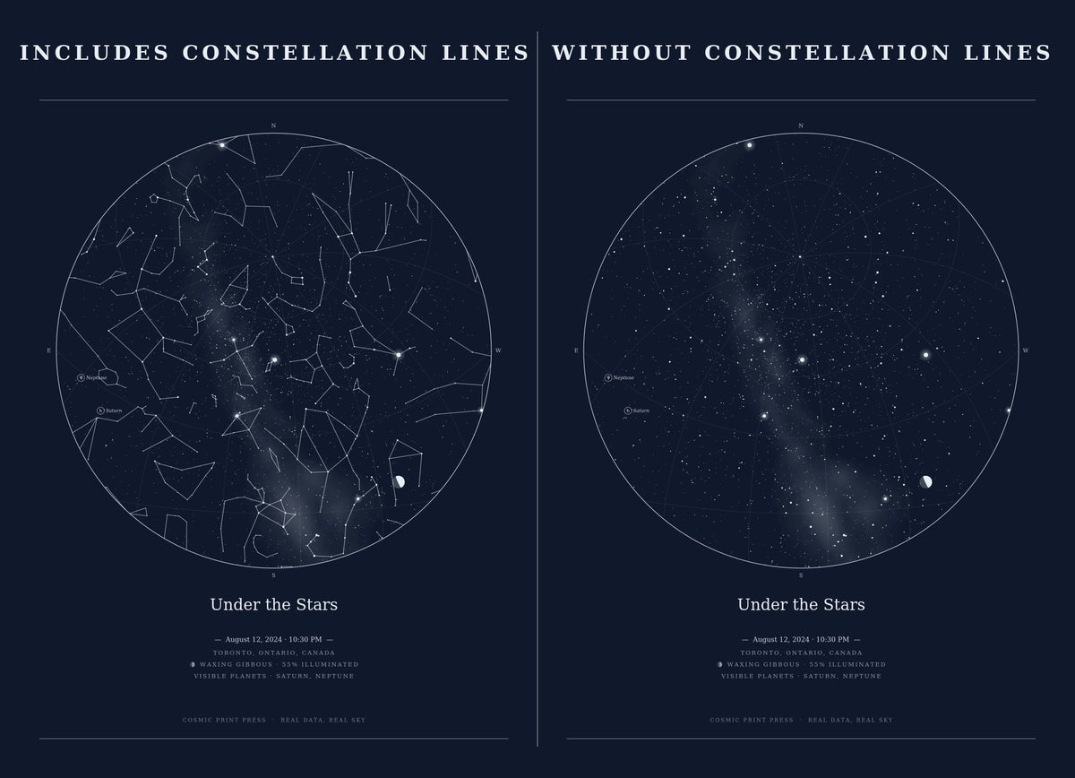 Custom star map print in navy blue, starry night design shown with and without constellation lines