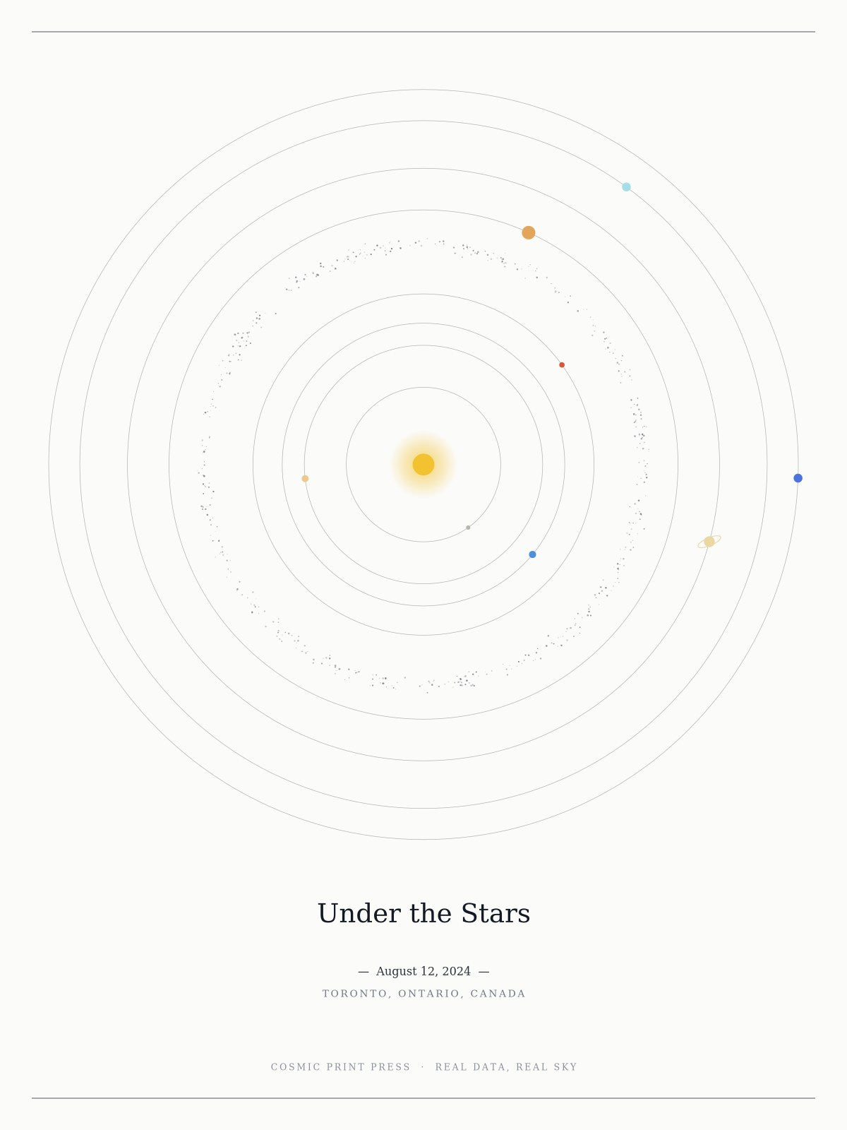 Personalized solar system print in white showing planet positions on a chosen date
