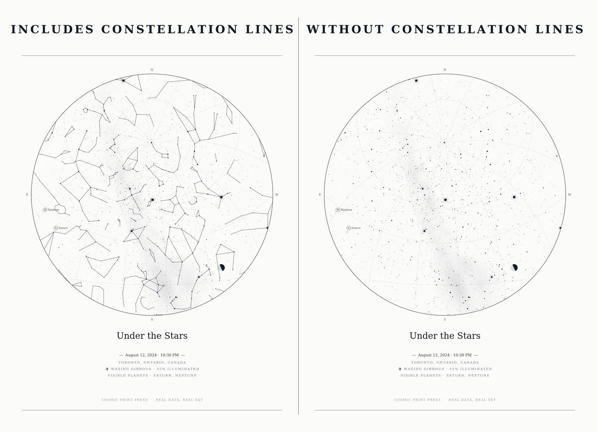 Custom star map print in white, starry night design shown with and without constellation lines